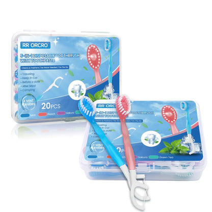 40Pack Mini Disposable Toothbrushes 5-in-1 Portable Pre-Pasted Travel Toothbrush with Toothpaste Tongue Scraper Floss Pick Individually Wrapped Small Prepasted Travel Toothbrush for Kids Adults